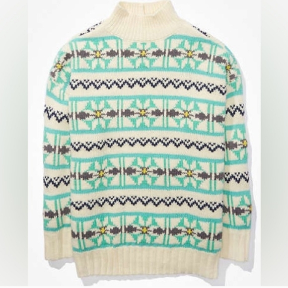 AE Oversized Fairisle Mock Neck Sweater Size Medium - Picture 4 of 13